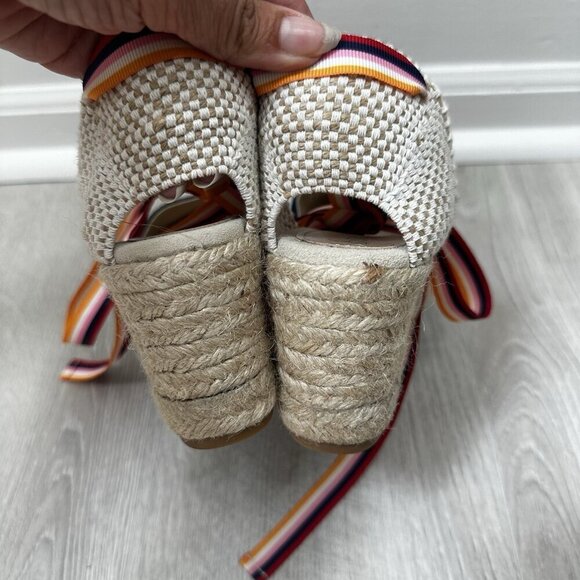 BODEN Cassie Navy Suede Wedge Espadrille Sandals Sz 38 Multistripe Ribbons Boho - Picture 4 of 10